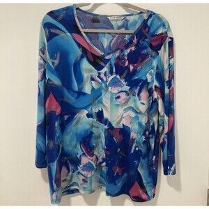Allison Daley Abstract Pattern Pullover V-Neck Top Blue Metallic Detail Size XL